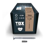 TOX TERAS 113165415080 Terrace Screws 5.0 x 80 mm, Screws with Decorative Head for Attractive Surface Painting, Weather-Resistant Thanks to Stainless Steel C1, TX25, Pack of 200 in Box Includes 1x Bit