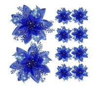 toxaaiwr 12 Pcs Glitter Poinsettia, 5.5" Artificial Flowers, Xmas Tree Ornaments Fake Flowers with Clips Stems, Ornaments Glittery for Xmas New Year Wedding Party Wreath DIY Garland Decor Royal Blue