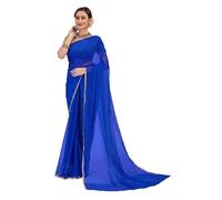 TOXEGO Women Chiffon Plain Saree With Jacqaurd Blouse, Royal Blue, One Size