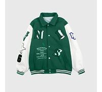 TOXI Patchwork Letter Jacket American Retro Lapel Flocking Baseball Uniform Hong Kong Style Unisex Lover Techwear Bomber Jacket-Green,M