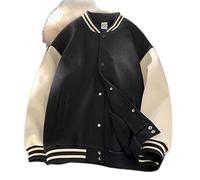 TOXI Solid Color Stitching Baseball Uniform Men Spring Casual Korean Bf High Street Jacket American Vinatge Preppy Football Jacket-Black,L