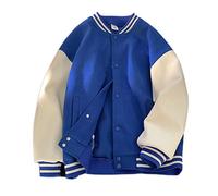 TOXI Solid Color Stitching Baseball Uniform Men Spring Casual Korean Bf High Street Jacket American Vinatge Preppy Football Jacket-Blue,4XL