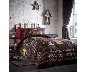 TOXIC Caution Glow in the Dark Reversible Duvet Cover Set Bedding Range multi Curtains: 66" width x 54" drop