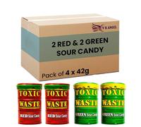 Toxic Waste 2 Red & 2 Green Sour Candy Drums Ultra Sour Retro Sweets Candy Perfect For Halloween, Birthday - Each Drum 42g - Sold By VR Angel