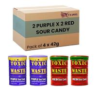 Toxic Waste 2 Red & 2 Purple Sour Candy Drums Ultra Sour Retro Sweets Candy Perfect For Halloween, Birthday - Each 42g - Sold By VR Angel