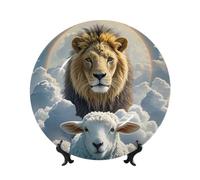 TOXOCMDKLE Decorative Plate 10in Ceramic Bone China Dessert Plates with Display Stand Lamb with A Lion Clouds Ceramic Decorative Plates Art Crafts Porcelain Plate for Living Room