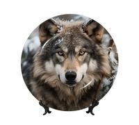 TOXOCMDKLE Decorative Plate 10in Ceramic Bone China Dessert Plates with Display Stand Lmage of Wolf in The Snow Ceramic Decorative Plates Art Crafts Porcelain Plate for Living Room