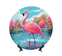 TOXOCMDKLE Decorative Plate 10in Ceramic Bone China Dessert Plates with Display Stand Pink Flamingo Bird Ceramic Decorative Plates Art Crafts Porcelain Plate for Living Room