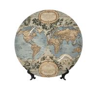 TOXOCMDKLE Decorative Plate 10in Ceramic Bone China Dessert Plates with Display Stand Vintage Old World Map Ceramic Decorative Plates Art Crafts Porcelain Plate for Living Room