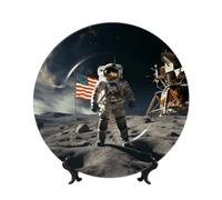 TOXOCMDKLE Decorative Plate 6in Ceramic Bone China Dessert Plates with Display Stand Astronaut Landing On The Moon Ceramic Decorative Plates Art Crafts Porcelain Plate for Living Room