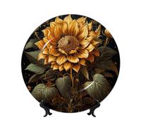 TOXOCMDKLE Decorative Plate 8in Ceramic Bone China Dessert Plates with Display Stand Sunflower On Black Background Ceramic Decorative Plates Art Crafts Porcelain Plate for Living Room
