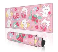 TOXXU Pink Kawaii Cats Large Gaming Mouse Pad for Girl with Anti-Slip Base, Cute Cartoon Strawberry Cat Extended XL Mousepad, Desk Mat with Stitched Edges for Desk, 31.5 x 11.8 in, Pink
