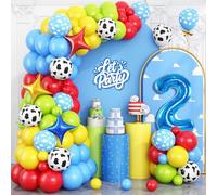 Toy 2nd Birthday Balloons Arch Kit, Red Blue Yellow Balloons with Cow Print Sky Blue Cloud Balloon Number 2 Balloon, for Kids Boys Girls 2nd Themed Birthday Party Baby Shower Decorations