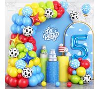 Toy 5th Birthday Balloons Arch Kit, Red Blue Yellow Balloons with Cow Print Sky Blue Cloud Balloon Number 5 Balloon, for Kids Boys Girls 5th Themed Birthday Party Baby Shower Decorations