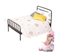 Toy Bed - Rigid Material, Durable Iron Component, 1:12 Scale Miniature | Wrought Iron Frame Small Doll Bed With Mattress Quilt Set For Kids Role-Play Indoor Display