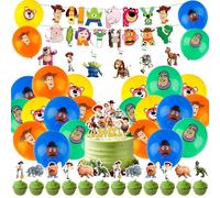 Toy Birthday Decorations for Boys Girls, Story Cake Toppers Party Decorations Latex Balloons Cake Decorations Happy Birthday Banner Party Supplies for Kids Theme Decor