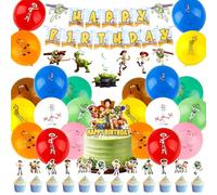 Toy Birthday Decorations for Boys Girls, Story Cake Toppers Party Decorations Latex Balloons Cake Decorations Happy Birthday Banner Party Supplies for Kids Theme Decor