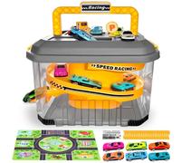 Toy Car Track Storage Playset - Toddler Toys for Ages 3-4, Toy Car Set for Hot Wheels & Matchbox with 12 Diecast Cars, PlayMat, Race Tracks, Car Ramp, Kids Birthyday Gift for 3 4 5 Year Old Boys