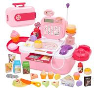 Toy Cash Register, 44 Pcs Pretend Play Playset with Scanner, Calculator, Weighing Machine & Microphone. Includes Fake Dessert, Drink & Tableware, Pretend Play Money (Pink) (Pink)