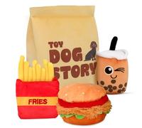 TOY DOG STORY Dog Squeaky Toys - 4-in-1 Plush Toy Set - Cute Dog Toys with Playful Bag, Burger, Fries, Boba Drink - Soft Dog Toys for Small & Medium Dogs