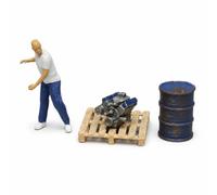 Toy Figurine Set Miniature Figures Engine Parts Jack Diorama Accessories 3D Printed Fine Weathered Surfaces suitable for model car displays collectors, Blue, Figure + Aged Paint Set (Blue)