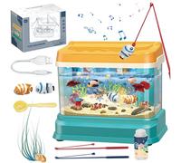 Toy Fish Tank Set Cute Magnetic Realistic Interactive Feeding Toy Fish Tank with Sound and Light 3 Mode USB Power Fake Aquarium with Fishing Rod, Net, Feed Bottle