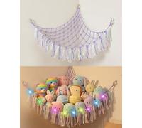 Toy Hammock for Stuffed Animals, Large Macrame Corner Storage Net with LED Lights, Hand Woven Soft Toy & Teddy Organiser with Tassels for Kids Bedroom Nursery (Battery Not Included), Purple