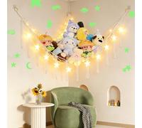Toy Hammock Stuffed Animals Storage Net, Teddy Hammocks, Teddy Storage with LED Light and Glow-in-the-Dark Star Wall Stickers, Bohemian-style Children's Bedroom Plush Toy Storage Net (Off-white)