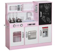 Toy Kitchen Pink MDF 83.8x26.8x81cm Pretend Playset w/ Chalkboard, Ice Maker Set