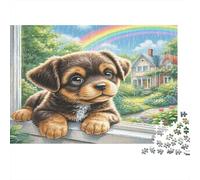 Toy Manchester Terrier Recycled Paper Puppy Looking Out Window with Rainbow Jigsaw Puzzle Collectible Gift for Adults 52x38cm/1000pcs