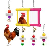 Toy Set Chicken, Coop, 4 Pcs Colorful Acrylic Mirror, Bells And Beads Hanging, Frame Wooden, Beak Stone Grinding, Toys Interactive Fun For Chickens, Stimulate Play And Pecking, Colors Assorted