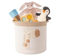 Toy Storage Baskets, Woven Cotton Rope Storage Basket for Kids, Multifunctional Blanket Baskets for Living Room Toys Organizer with Embroidery Decor, Cute Layndry Organizer with Handle for Nursery