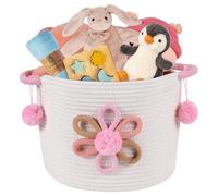 Toy Storage Baskets Woven Cotton Rope Storage Basket with 3D Flower for Kid Multifunctional Blanket Baskets for Living Room Toys Organizer Woven Basket with Handle for Gifts Girls Baby Hamper Nursery