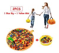Toy Storage for Lego Play Mat Bag - Duplo Toy Organizer Storage Bag by Drawstring for Kids Tidy Toy with Lips can as Gift (2Pcs = Big Orange + Mini Yellow)