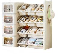 Toy Storage Organizer with Drawers And Bins, Cute Bear Cartoon Bookshelf Toy Organizers Storage, Kids Bin Shelf Bookcase for Bedroom Playroom Organization, Modern Toy Bins for Kids,4 tier