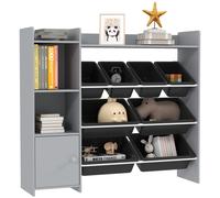 Toy Storage Unit Grey 112.5x30x100cm MDF & Steel 8 Bins 2 Grids for Kids Nursery