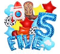 Toy Themed Story Birthday Decoration Balloon Set,Cartoon Style Birthday Rocket,Cowboy Hat,Boots,Clouds,Star Patterns, For kid Party Supply (5th-Reach Five The Sky)