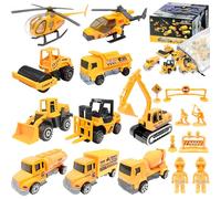 TOYABI Construction Toys, Digger Cake Topper, 18Pcs Toy Construction Vehicles Set with Dumper/Plane/Roadblock etc, Diecast Alloy Cars for 3+ Year Olds Boys & Girls