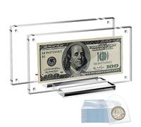 ToyaJeco 2Pcs Acrylic Dollar Bill Holder, Clear Currency Paper Money Display Frame, 7.3 x 3.4 in Dollar Bill Case with 50Pcs Single Pocket Coin Flips for Regular Bill Collectors Collections