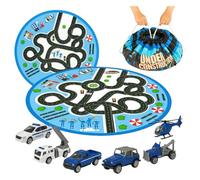 Toyana 2-in-1 City Road Play Mat & Toy Storage Bag Bundle - 8 Pcs Die-Cast Metal Emergency Vehicles Collection - 150cm Large Activity Rug & Portable Tidy Bag for Indoor Outdoor Play - Kids Gift Set fo