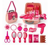 Toyana 24 Pcs Kids Hairdressing Set for Girls, Beauty Salon Hair Stylist Role Play Grooming Tools Kit with Toy Hairdryer & Portable Carry Bag, Pretend Play Accessories Gift for Children Ages 3+ Years