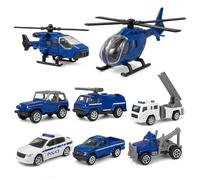 Toyana 8 Pcs Die Cast Cars Truck Helicopter Playset, Kids Diecast Metal Toy Cars, Helicopters, Police Jeep, Fire & Rescue Truck Colloection, Imaginative Play Gift Set for Children 3+ Years