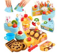 Toyana Kids Birthday Cake Toy, 75 PCs DIY Pretend Play Cake Decoration Accessorises with Musical Light Up Candle & Desserts Party Playset, Play Food Cutting Gift for Children 3+ Year - Blue