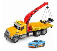 Toyana Kids Tow Truck Toy, Role Play Rescue Vehicle with Realistic Working Crane, Lights Sound Effects & 1 Diecast Car, Transport Truck Imaginative Play Gift Set for Children 3+ Years