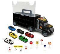 Toyana Portable Kids Car Storage Truck Play Set - 6 Mini Die Cast Vehicles, Large Transport Carrier Truck & Race Track - Boys & Girls Diecast Car Toys, Educational Pretend Play Gift for Age 3+