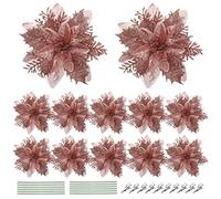 TOYANDONA 12PCS 14cm/ 5.5in Silver Poinsettia Artificial Flowers with Clips and Stems Glitter Christmas Tree Poinsettia Decorations for Xmas Wedding Party Wreath (Rose Gold)