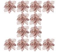 TOYANDONA 12Pcs Christmas Glitter Poinsettia Flowers Artificial Flowers Wedding Glitter Christmas Wreath Tree Ornaments for New Year Xmas Tree Decorations (Rose gold)