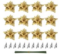 TOYANDONA 12pcs Christmas Poinsettia Flowers, 7 inch Artificial Poinsettia Flowers Glitter Gold Christmas Tree Ornaments with Clips and Stems for Wreath Party Decorations