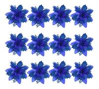 TOYANDONA 12Pcs Christmas Poinsettia Flowers, Artificial Glitter Poinsettia Flowers Home Party Wreath Decorations Christmas Tree Ornaments Party Decoration with Stems and Clips- Blue