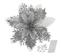 TOYANDONA 12Pcs Christmas Poinsettia Flowers, Artificial Glitter Poinsettia Flowers Home Party Wreath Decorations Christmas Tree Ornaments Party Decoration with Stems and Clips- Grey